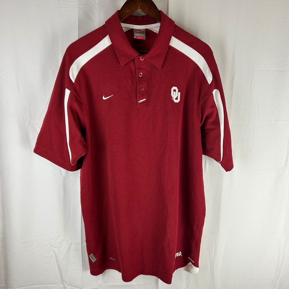 Nike Oklahoma Sooners Polo Shirt Men's Large Crimson White OU Fit Dry‎ Y2K